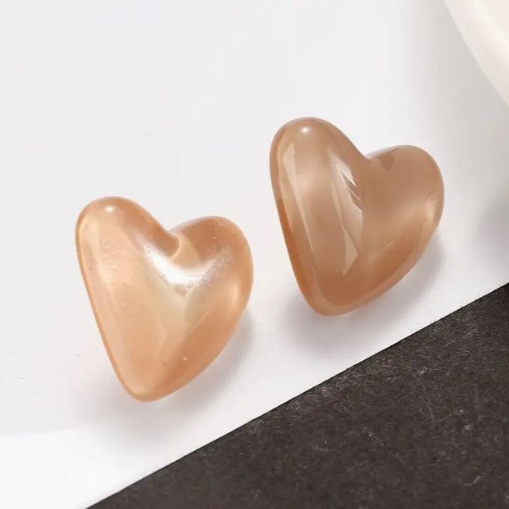 NEW Neutral Nude Tan Acrylic Puffy Chunky Heart Earrings